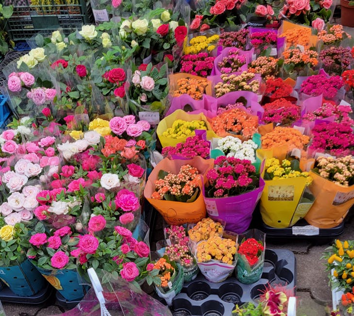 A vibrant display of fresh flowers arranged in colorful bouquets at a local flower shop. The flowers include pink, white, and yellow roses, alongside clusters of small, bright pink and orange blooms w