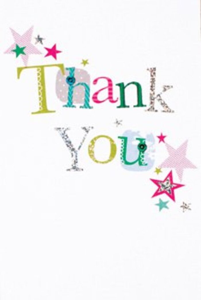 There is a subtle, joyful sophistication to this Thank You card, which would be right at home atop any bouquet prepared here in Hanwell, especially near the leafy avenues around Church Road. Each letter in the central message expresses its own distinct character-from ones adorned with playful curves and rhythmic dots, to those graced by graceful lines and elegant metallic sheen. Starlike accents, some striped in sparkling pink, others shimmering in turquoise or soft silver, cluster around the message as if bestowing extra warmth and positivity. The composition feels light and modern, the luminous white background giving every detail precious breathing room, not unlike the airiness of an open spring meadow in Elthorne Park. The textures are tangible: you can almost run your fingertips along the glimmers of glitter and the intricate thread-like patterns. This card doesn't overwhelm; instead, its understated creativity and vibrant hues make it universally welcoming, perfect for all ages and occasions. From Flowers Hanwell, the card would nestle seamlessly with any arrangement-a meaningful, heartfelt note designed for those who love their gestures of thanks to be every bit as memorable as their flowers.