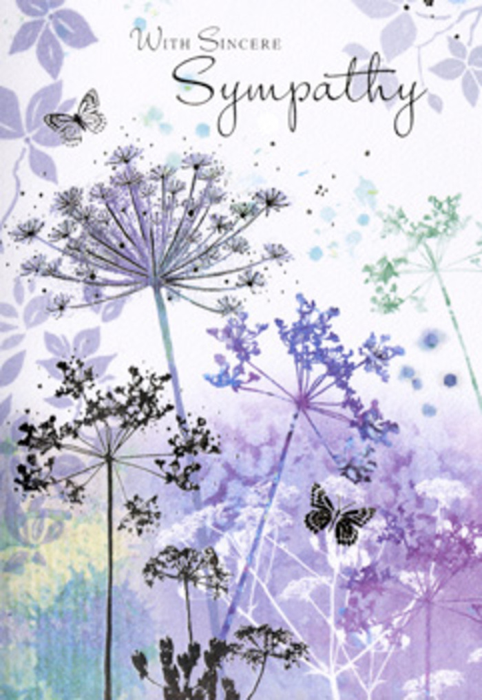 The design of this sympathy card unfolds with the gentle poise of wildflowers swaying along the edges of Hanwell's parks, offering a tranquil, almost meditative comfort. Tall, spindly stems rise from the lower edge of the card, each bearing fine, filigree umbel-shaped blooms that look as though they have been sketched by hand, then softened with watercolour. Shades of violet, heather, and powder blue flow through the petals and seed heads, while the stems are rendered in muted grey-greens that echo the cool, shaded tones of tree-lined paths near Brent Lodge Park. Behind them, a softly blurred wash of colour transitions from pale lavender to misty blue, like a dewy morning sky just before the sun fully lifts, creating depth without distraction. Two small butterflies hover in the upper space, their wings translucent and feather-light, adding a note of hope and quiet continuity amid sorrow. The light is diffuse, with no harsh contrasts, so every element feels gentle on the eye, as if the whole scene were seen through a veil of soft mist. The arrangement of the stems is thoughtfully spaced, giving each bloom room to breathe, much like a carefully composed sympathy bouquet that allows every flower its own moment. The mood is one of reflection and respectful stillness, ideal for those wanting to send support without intrusion. It feels as though the card extends an invitation to pause, breathe, and remember-a visual moment of silence crafted with the same care a local Hanwell florist might bring to a condolence arrangement, honouring both grief and the enduring presence of love.