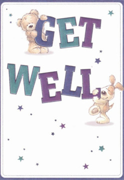 This spirited get well card illustration seems to capture the supportive kindness found throughout Hanwell. Set against a crisp, white background, a plush bear rests its fuzzy paws atop the jubilant 'GET,' while a playful puppy engages with the bold 'WELL' below, their affectionate faces expressing genuine care. The design is punctuated with lively stars in soft shades of indigo and teal-hues that sparkle like spring blooms selected along Boston Road, each one representing hope for recovery. The typographic elements leap forward in rich colours, the letters confidently balanced as if hand-placed by a florist composing an uplifting bouquet for same-day delivery. The tender, gentle atmosphere mirrors the comfort of a locally gathered posy from Flowers Hanwell, where every detail is intended to brighten difficult moments and bring a sense of healing. Imagined as a thoughtful gift, this card radiates a cheerful encouragement, much like the warm community connections here by the River Brent.