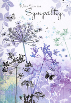 This sympathy card carries the quiet grace of a dawn stroll through Hanwell's leafy back streets, where nature offers comfort in its smallest details. Across the front, a cluster of fine, umbelliferous flower heads rises on slender stems, each one a lace-like silhouette painted in cool violets, dusky blues, and muted greys. The background is washed in soft layers of watercolour, drifting between lavender, smoke-blue, and pale sage green, like morning light spreading gently over the canal paths near Hanwell Lock. The flowers themselves appear almost weightless, their filigree petals and seed heads dissolving into the air at the edges, suggesting fragility but also a quiet strength that endures. Transparent butterflies flit among the blossoms, their wings softly tinted and barely outlined, as if they've just paused mid-flight in a gentle breeze. This sense of motion within stillness creates an atmosphere of contemplation, a place where the viewer can rest for a moment amid sorrow. There is a tactile softness to the design; you can almost imagine the feathery touch of each bloom, the cool, smooth card beneath your fingertips. At the top, in simple, sincere lettering, a message of sympathy sits above the flowers, unobtrusive yet deeply felt, like kind words spoken in a hushed voice. The muted palette and delicate shading evoke calm, understanding, and empathy. Crafted with a florist's eye for balance and flow, the card feels like a thoughtful gesture from a neighbour in Hanwell-quietly supportive, never overwhelming, and perfectly attuned to someone navigating loss.