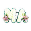 A beautifully composed memorial flower arrangement spells out the letters MA in bold capitals, photographed against a plain white background that emphasises its clean lines and gentle colours. Each letter is completely covered with rows of pure white chrysanthemums, their petals layered in tight, cushiony clusters that suggest softness and peace. The white blooms are framed by a slim edging of rich green, possibly neatly folded ribbon or small-leaved foliage, which creates a defined, elegant outline around the M and the A and adds a subtle contrast reminiscent of fresh grass after rain in Hanwell's parks. At the base of the left side of the M and the right side of the A, thoughtfully placed posies of pastel flowers introduce warmth and tenderness. These little sprays hold lilac and pale-pink roses, along with dainty pink spray roses, arranged so that each bloom seems to lean gently into the next. Touches of green leaves and a light, feathery fern frond in each cluster give movement and a natural, garden-style texture to the design. Everything about the tribute suggests a personalised farewell, often chosen to honour a cherished mother or someone whose initials were M.A., whether for a quiet family service or a larger gathering in one of Hanwell's churches or funeral homes. The overall impression is of calm, respect, and enduring love, as if the flowers themselves are quietly speaking in gratitude and remembrance.