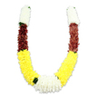 A U-shaped ceremonial garland laid against a pure white backdrop, its softly cast shadow giving the piece gentle depth and weight. As a Hanwell florist would note when describing a commission for a local temple or wedding, the garland is built from thousands of tiny fabric petals that together create a plush, tactile surface: the top of each arm begins with a dense, cylindrical band of creamy white, chrysanthemums in miniature that look airy and reverent. That white segment slides into a deep maroon or reddish-brown band, each petal tightly arranged to form a rich, earthy contrast, before opening into the longest and brightest portion - a sunlit sweep of golden-yellow blossoms reminiscent of marigolds, crafted to read cheerful and abundant from a distance. Where the two yellow arms meet at the bottom, the garland gathers into a generous central cluster of pure white chrysanthemum-like blooms, broader and slightly fuller than the top segments, providing a clear focal point. Small, dark-green leaf-like accents are tucked between several color transitions, especially where yellow returns to white, lending natural punctuation and a sense of finished detail. The materials are clearly artificial fabric and foam, yet the workmanship - tight stitching, layered petals, and balanced symmetry - reads as the work of an experienced artisan. Suited for Hindu puja, temple offerings, Diwali and wedding entrances, this mala combines traditional symbolism - white for purity, yellow for prosperity, maroon for devotion - with durable construction that keeps its celebratory spirit intact for display or ritual use.