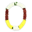 A richly detailed ceremonial garland in an open oval shape is pictured against a plain white background, its colours unfolding in a graceful journey from serenity to warmth. The top section is a continuous band of pure white blossoms, tightly strung so they appear as a soft, cushioned arc, much like a delicate cloud or a folded shawl symbolising peace. This tranquil white gently flows into deep maroon-red panels running down each side of the garland, where the flowers are packed into velvety, textured clusters that radiate depth, reverence, and a sense of time-honoured ritual often associated with South Asian funerals and spiritual observances held in and around Hanwell. At the lower curve, the mood brightens into a broad sweep of golden yellow blooms, lively yet tender, reminiscent of calm afternoon light spilling across local Hanwell gardens; this colour offers a quiet suggestion of hope and continuity amid remembrance. Scattered between each main band of colour are small accents of fresh green foliage, positioned where white meets maroon and where maroon yields to yellow, bringing a touch of natural rhythm and helping each hue stand distinctly on its own. The garland's uniform thickness, the repetition of tiny florets, and the neat transitions between colours reveal expert craftsmanship, as if a dedicated florist has shaped every segment to drape smoothly when placed around a framed photo, a memorial urn, or a devotional statue. It feels like a piece designed to cradle memories gently, bringing comfort to families across Hanwell during moments of farewell and reflection.