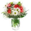 Radiating the gentle energy of a spring morning in Hanwell, this bouquet blends cheerful freshness with timeless elegance. Coral-toned carnations form a lively, visually engaging centre, each petal ruffled and soft to the touch, their fullness inviting attention. Crisp white daisies and showy chrysanthemums, each with a vivid greenish heart, circle the core of carnations, opening up like little suns and infusing the bouquet with hopefulness. Fine sprays of baby's breath drift effortlessly through the composition, their tiny white blooms offering a delicate, airy counterpoint-like fleeting clouds above the Hanwell Viaduct. Deep green foliage, both sleek and matte, cradles the arrangement, giving structure and contrast while echoing the neighbourhood's lush parks. A few unopened magenta alstroemeria buds nestle subtly on one side, suggesting growth and future joy. The entire collection is gathered in a simple, transparent glass vase, sturdy stems visible beneath the cool water, amplifying the sense of freshness and care. Bright, balanced lighting illuminates every bloom and leaf, creating a sense of warmth and calm. This meticulously arranged bouquet is a wonderful choice for celebration, housewarming, or simply to share a moment of brightness-its artful composition reflecting the charm and welcoming nature of Hanwell's local florists.